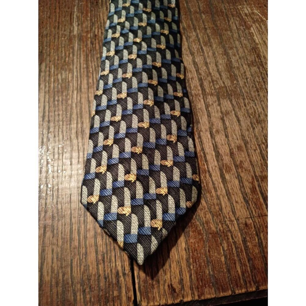 Vintage Claiborne Blue Grey Gold100% Silk Neck Tie Office Wedding Formal Church